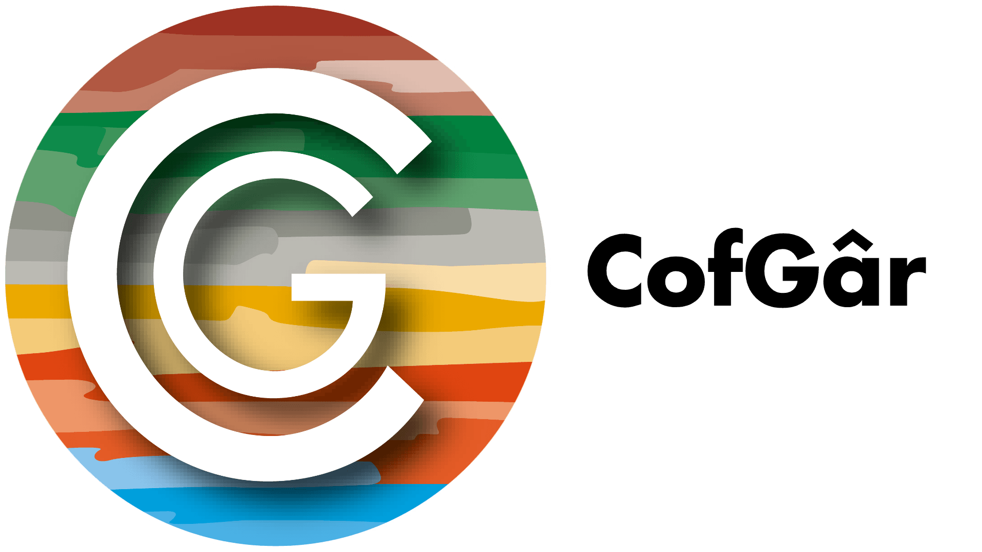 CofGâr logo featuring white overlapping “C” and “G” letters on a circular multicoloured landscape-inspired background. The background includes red, green, grey, yellow, orange, and blue bands of colour