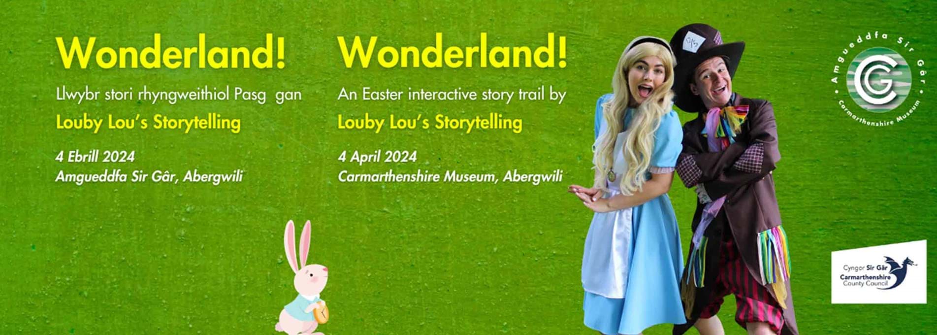 Wonderland! Llwybr stori rhyngweithiol Pasg gan Louby Lou's Storytelling