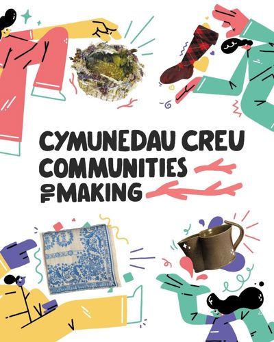Logo Cymunedau Creu gyda ffigurau cartŵn yn chwarae gyda delweddau o wrthrychau crefft