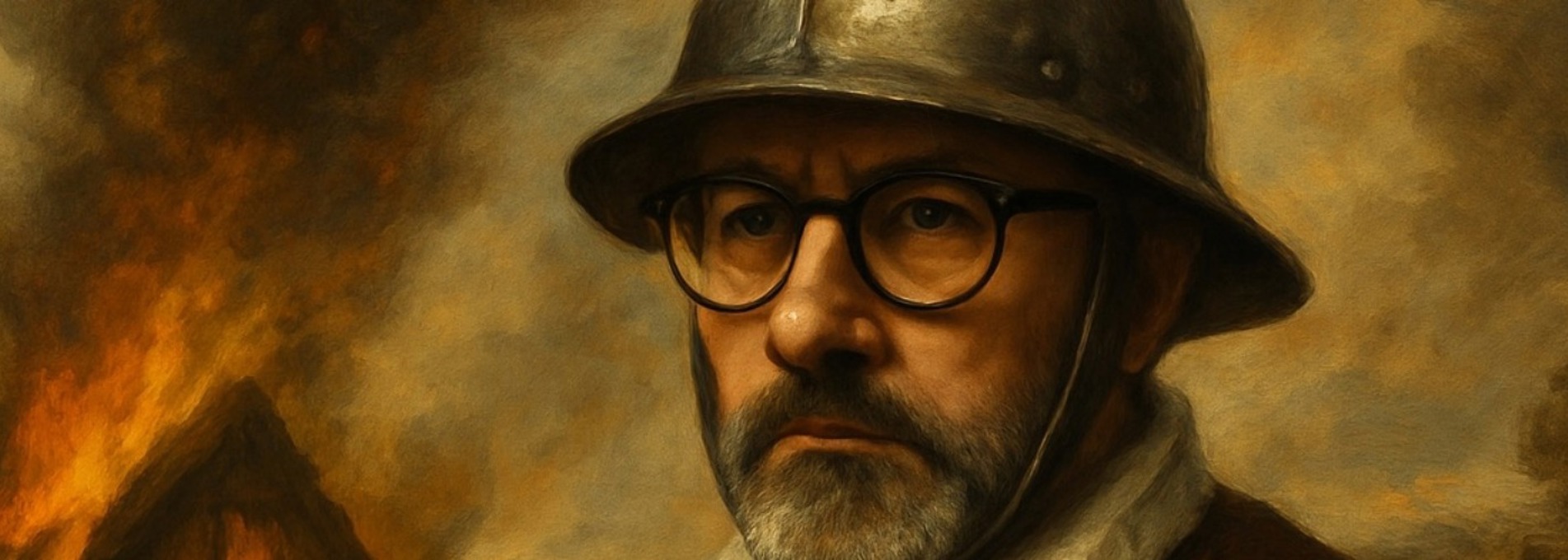 Darlun o ddyn â barf mewn helmed fetel